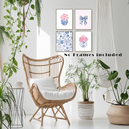 LUKIPOM Blue and White Chinoiserie Floral Wall Art Prints 8x10 Set of 4, Grand Millenial Decor, Coquette Bow Chinoiserie Porcelain Pink Floral Wall Art Posters for Home Bedroom Decor, Unframed - color: Color 001
