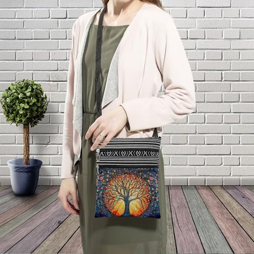 Stained Glass Pattern Crossbody Handbag with Zipper Butterfly World Tree Bee Aesthetic Present for Woman - color: World Tree