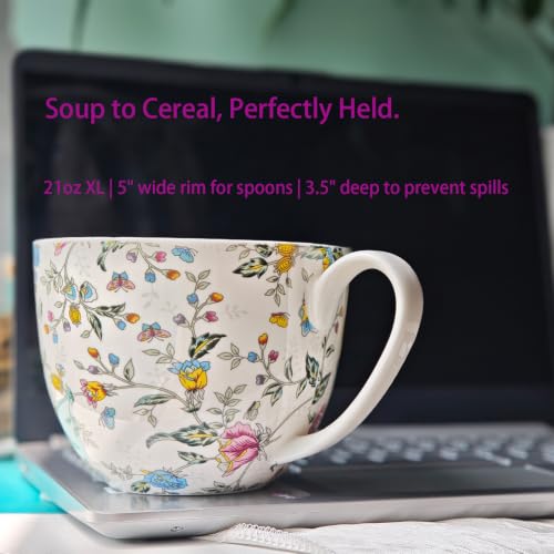 21 fl oz Lightweight Large Soup Mug with Lid Microwave Safe Bone China
