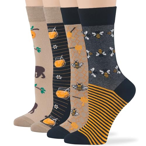 7BIGSTARS Women Cotton Crew Socks, Patterned 4 Pack, M 5-9 - L 8-12 - color: 11 - Black, Beige, Light Beige, Orange (A50), size: 8-12