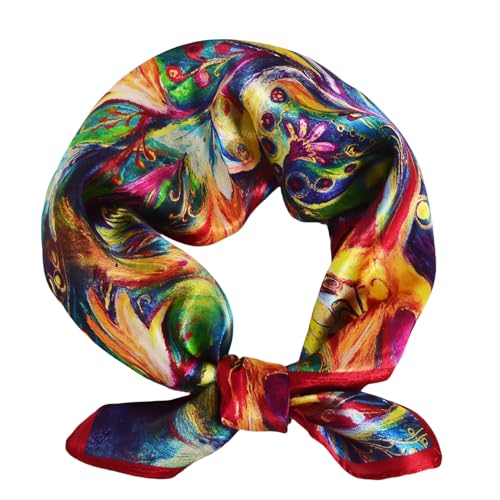 Women 100% Mulberry Silk Neck Scarf 21" Square Floral Neckerchief - color: Red Fire Phoenix