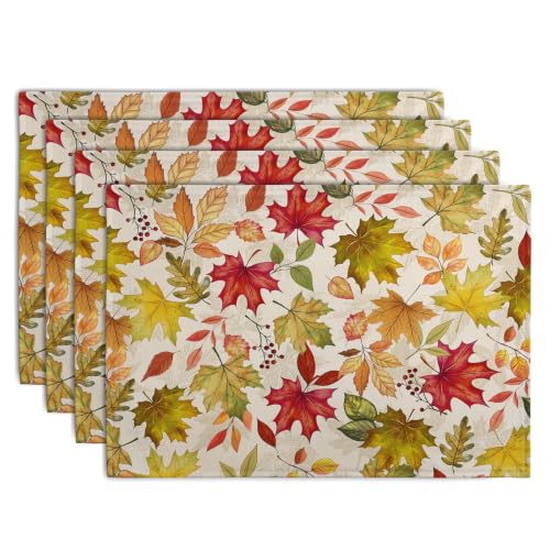 Fall Maple Leaves Placemats Set of 4 12x18 Inch Thanksgiving Autumn Colorful Leaf Dining Table Mats Rustic Seasonal Farmhouse Place Mats for Kitchen Party Home Decoration - color: Fall Maple
