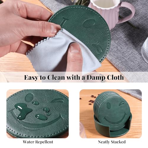 Coasters for Drinks Set of 6 with Holder, 6-Piece Leather Coasters with Embossed Smiley Designs - Durable Drink Coasters Set for Home, Bar, or Office - Green - color: Green