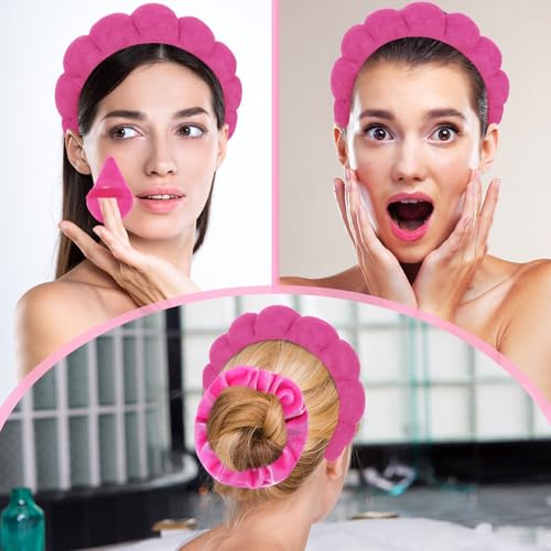 7Pcs Puffy Spa Set: Terry Cloth Headband, Wristbands, Scrunchies, Powder Puffs, and Sponges for Skincare, Face Washing, and Makeup Removal - Rose - color: Rose