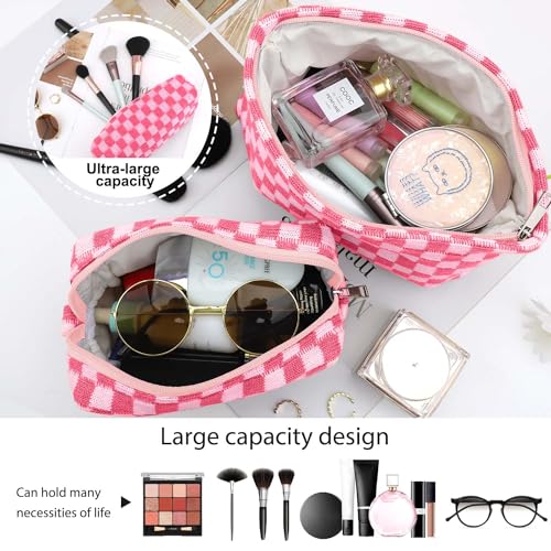 EIMMBD Makeup Bag 3 Pieces Large Capacity Checkered Cosmetic Bags Canvas Travel Toiletry Bag Organizer Cute Makeup Pouch Storage for Women(Rose) - color: Rose