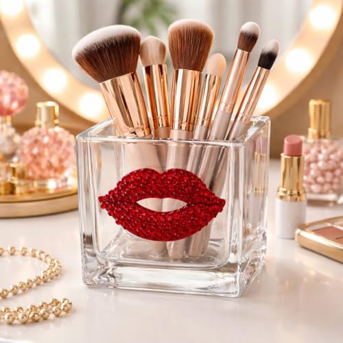 THE QUEENS' JEWELS Red Lips Jeweled 4x4 Candleholder Vase - Unique Gift for Women, Birthday, Cute, Fun, Not Painted, Decorated, Bling, Bedazzled, Rhinestone - color: Red Lips