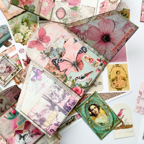 ZHIJIANHZ Junk Journal Kit Pink Romantic Ephemera Set for Scrapbooking - color: Reverie_Romance