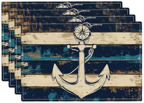 Nautical Placemats Set of 4, Coastal Anchor Place Mats, Rustic Beach Navy Blue Waterproof Washable Table Mats for Home Party Indoor Kitchen Dining Table Decoration 12x18 Inch - color: Anchor, size: Set of 4