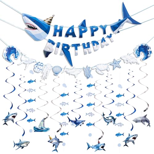 Paper Jazz Ocean Shark Decor Whale Shark Party Decoration for Wall,Under The Sea Birthday Banner with Swirls, Baby Shark Birthday Supplies Hanging Fish for Room Classroom Party （Blue） - color: Blue
