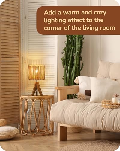 EDISHINE Small Rattan Table Lamp, Wood Tripod Bedside Lamp, 14.2", E26 Base - color: Rosewood Color&Vertical Stripe Shade