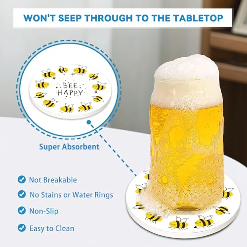 Bee Coasters Set of 4, Absorbent Ceramic with Cork Backing, Bee Happy Coaster Mats for Drinks, Ideal Gifts for Women Men - color: Bee Happy