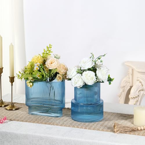 Blue Glass Vases, Set of 2 Ribbed Vases for Flowers, Blue Vase for Tulips, Modern Glass Vase for Living Room, Dining Table, Office, Entryway, Mantle, Bookshelf, Wedding Gifts - color: Blue, size: Large+Oval