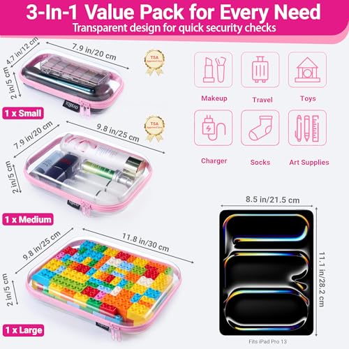 YQBRAO 3-Piece Clear Hard Shell Zipper Case Set, 1L 1M 1S, Pink - color: Pink, size: LMS