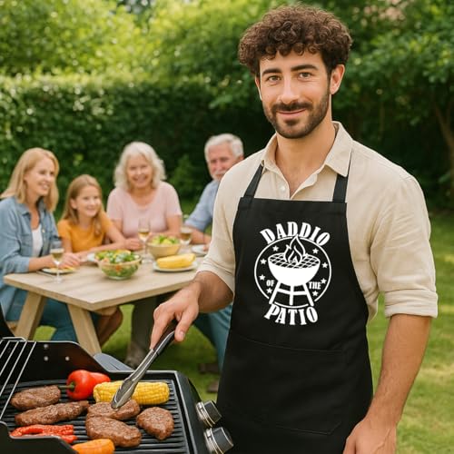 Funny Black Grill Apron with Pockets for Man,Dad,Husband,Father in Law,Chef Daddy Grilling Apron BBQ Cooking Gifts - color: Daddio of the Patio