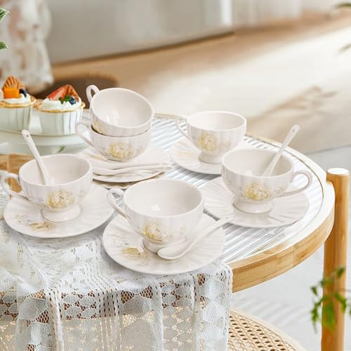 WRINGKIT Tea Cups and Saucers Set of 6, 7 Oz, Microwave Safe - size: Small