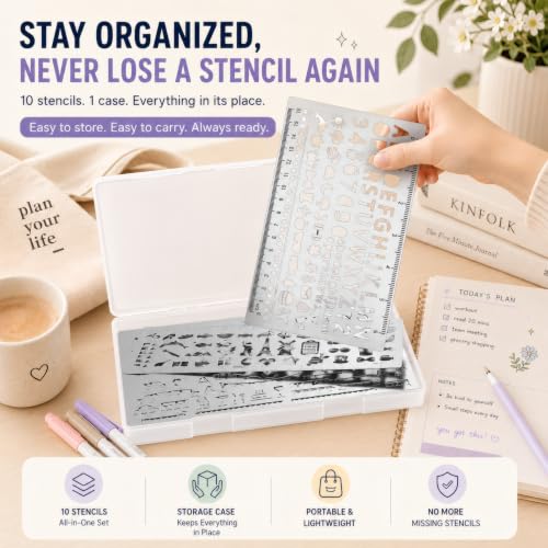 10Pcs Metal Planning Stencils, Bullet Journal Stencil, Ruler Stencil for Journaling with Case – Bullet Journal Weekly/Monthly Planning, Daily Task Tracker, Drawing Straight Lines
