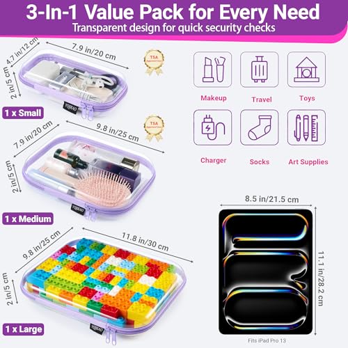 YQBRAO 3-Piece Clear Hard Shell Zipper Case Set, 1L 1M 1S, Purple - color: Purple, size: LMS