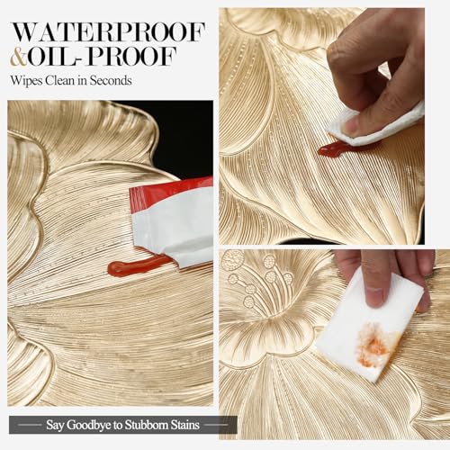 Quantum Love Camellia Gold Round Placemats Set of 6, 15 Inch PVC 3D Metallic Flower Table Mats, Wipeable Waterproof Non Slip Heat Resistant Placemats for Wedding Party Christmas Dining Table Decor - color: Gold Camellia