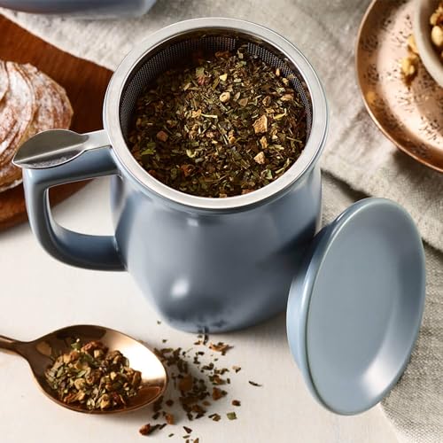 Tea Forte Ceramic Fiore Tea Cup with Infuser, Stone Blue, 14 oz - color: Stone Blue