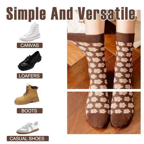 5 Pair Vintage Cotton Crew Socks for Women Pretty Aesthetic Long Preppy Ankle Socks