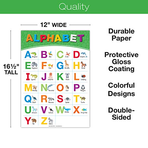 Global Printed Products, 20 Large Educational Posters For Kids (16.5x12 Double Sided English/Spanish) Alphabet Colors Letters Numbers Shapes Months Days Weather Time Animals Solar System Seasons Map