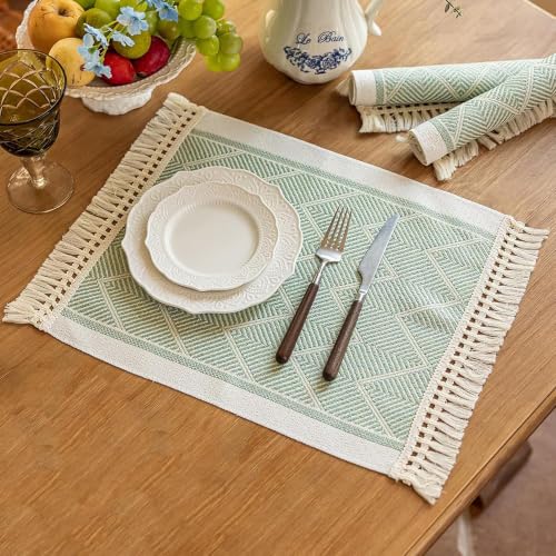 Boho Woven Placemats Set of 4, 14x18 Inch Heat Resistant Dinner Mats - color: Green Bd