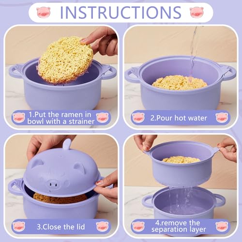 1 Set Large 45oz Cute Pig Ramen Bowl Set Microwavable Cooker, Purple - color: Purple