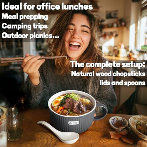 Artena 38 oz Soup Bowls with Handles, Lids, Spoons & Chopsticks – 6 Inch Large Microwave Safe Ceramic Ramen Bowls, Soup Mugs & Cereal Bowls for Instant Noodles, Oatmeal, Meal Prep (Grey-Set of 2) - color: Grey-Set of 2