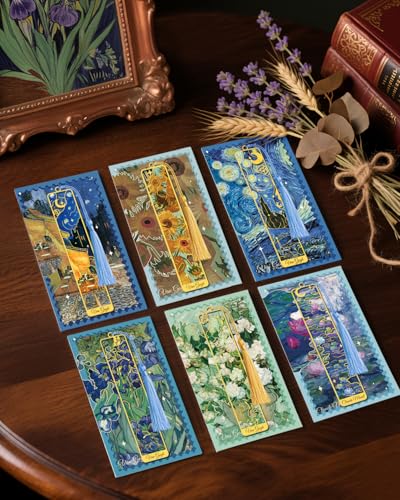 6 Pieces Metal Bookmarks with Tassel, Golden Hollow Bookmark Oil Painting Van Gogh Monet Theme Book Mark Bookmarks for Book Lovers Writers Readers Children Teens Men Women Adults - style: Paintings-6pcs