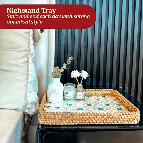 Rattan Tray Rectangle with Mother of Pearl – Unique Decorative Rattan Serving Tray for Food, Bread, Fruits, Snacks & Organizing Bathroom, Coffee Table – Christmas & Housewarming Gift (Fin 13.3"x9.4") - color: Fin 13.3"