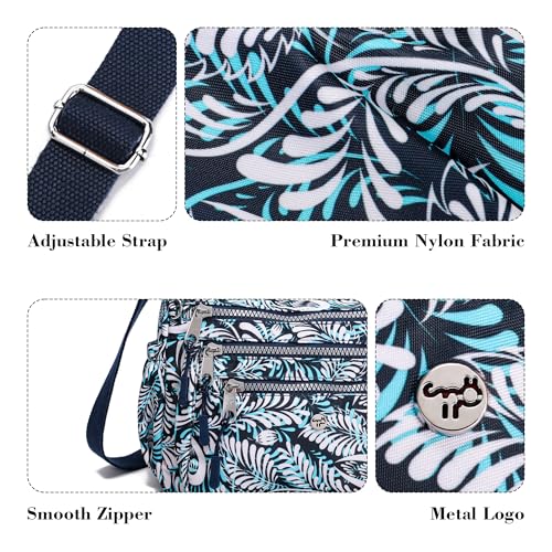 AOCINA Nylon Crossbody Bags for Women Multi Pocket Cross Body Purses - color: Blue Leaf, size: Small