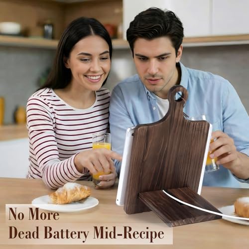 Geelin Wooden Cookbook Stand with Charging Slot Cutting Board Book Holder for Kitchen Counter Adjustable Recipe Book Holder Floral Farmhouse Cookbook Stand Kitchen Gifts for Chef Mom Dad Cooking Lover