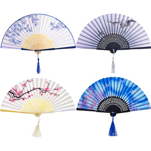 Zonon 4 Pack Hand Held Folding Fans for Women Silk,Adorable - style: Adorable