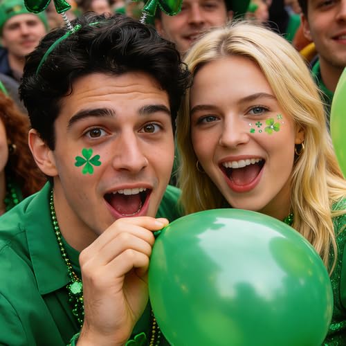 St Patrick's Day Shamrock Face Tattoo with Green White Face Gems
