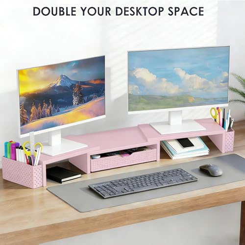 Spacrea Dual Monitor Stand Riser with Drawer and 2 Pen Holders - color: Pink