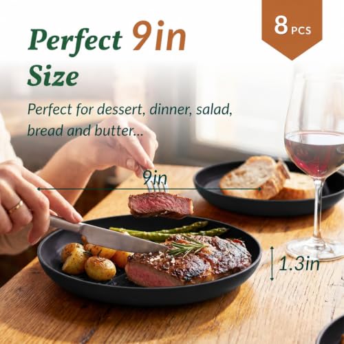 Homienly Wheat Straw Plates Sets 8 PCS Unbreakable Plastic Plates for Party, Camping, Picnic, Stackable Deep Dinner Plates Set Microwave & Dishwasher Safe Kitchen Plates for Dessert (Black, 9 inch) - color: Black, size: 9 Inch