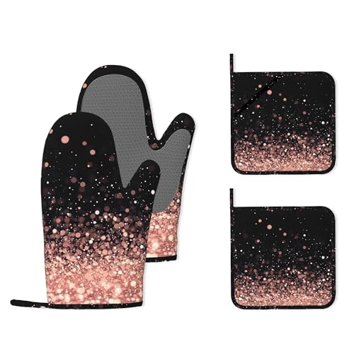 Rose Gold Glitter Silicone Oven Mitts and Pot Holders,Heat-Resistant 4 Piece Kitchen Set Non-Slip Oven Gloves and Hot Pads for Cooking, Baking, Grilling,BBQ - color: Rose Gold Glitter