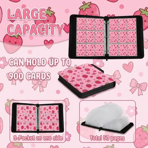 Card Binder 9 Pocket, Pink Cute, 900 Cards, PU Leather - color: Pink Cute