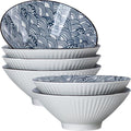 38 oz Japanese Ramen Bowls Set of 6, Large Pho Bowls, 8 Inch Ceramic Blue and White Soup Bowls, Wave Pattern - color: Wave Pattern