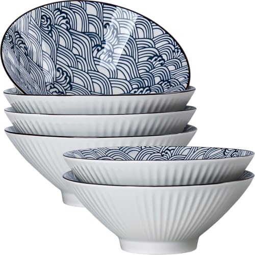 38 oz Japanese Ramen Bowls Set of 6, Large Pho Bowls, 8 Inch Ceramic Blue and White Soup Bowls, Wave Pattern - color: Wave Pattern