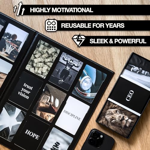 Vision Board Kit for Men - 168 Cards with Diverse Pictures & Quotes, Black Foldable Board & Complete Guide Book | Manifestation Clip Art Collage Supplies for Male Adults | No Old Magazines Needed - color: Vision Board Kit for Men