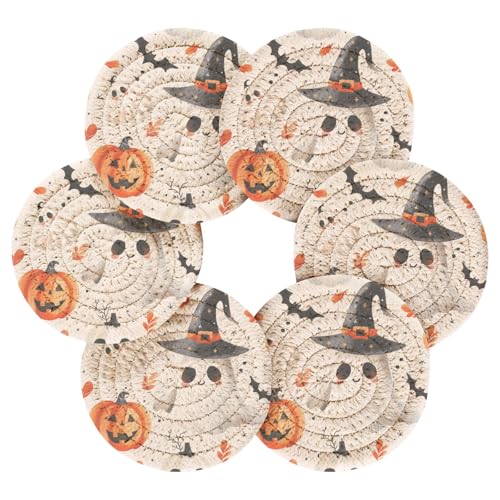 Cute Halloween Drink Coasters Set - 6 Pcs Minimalist Woven Coasters with Holder for Home Decor, 3.94 Inch Absorbent Coasters for Drinks - color: A03