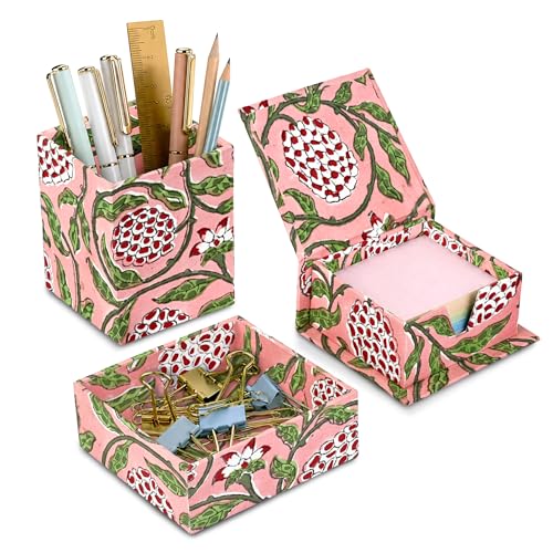 Ridhi Strawberry Pink Block Print Office Desk Organizer Pen & Note Holder - color: Strawberry Pink