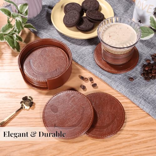 Coasters for Drinks Set of 6 with Holder, 6-Piece Leather Coasters with Embossed Smiley Designs - Durable Drink Coasters Set for Home, Bar, or Office - Brown - color: Brown