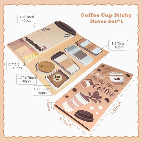 Coffee Cup Sticky Notes Set, 440 Sheets, Cute Coffee Theme Self-Stick Notes Pads, Divider Tabs Bundle, Writing Memo Pads for Coffee Lovers, Home, School, Office Supplies, Creative Small Gifts - style: Coffee