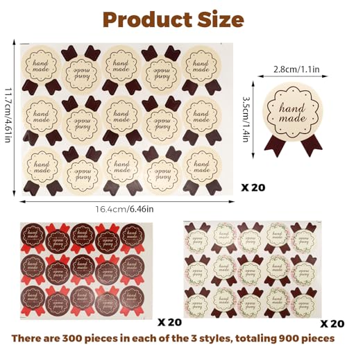 LELE LIFE 900 Handmade Stickers, 3 Styles, 300pcs Each, 2.8x3.5cm/1.1x1.4in, Paper, Rectangular, Perfect for Baked Goods Packaging