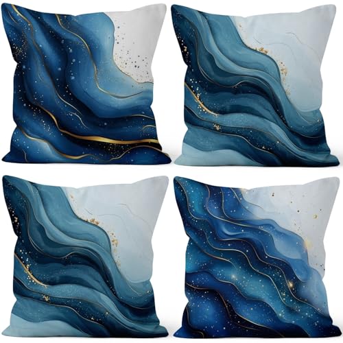 Abstract Marble Throw Pillow Cover Fluid Blue Ocean Wave Gold Sequin Stripe Glitter Luxury Art Modern Aesthetic Linen Square Cushion Covers for Outdoor Couch Bedroom 16x16 Inch Set of 4 - color: Blue Ocean, size: 16" x 16" (Pack of 4)