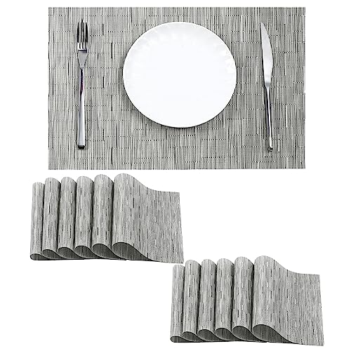 Leetaltree Silver Placemats Set of 12 - Heat Resistant Non-Slip Place mats for Dining Table, Washable Durable PVC Vinyl Woven Table Mats（Sliver, 12） - color: E1- Sliver, size: Set of 12