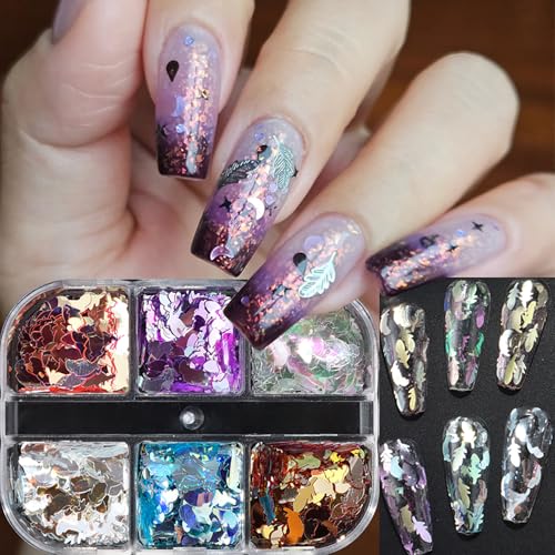 Laser Feather Glitter Sequins Nail Accessories Mix 6 Colors Manicure Feather Nail Art Glitter Flakes 3D Nails Supplies Jewelry Studs Nail Decoration Kit Suitable for Women Sparkly Acrylivc Nail