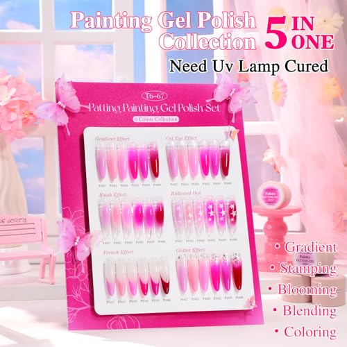 Double Rhythm Painting Gel Polish Set for Nail Art Palette Patting Gel Polish 6 Colors with 100 Pcs Sponges and Grabbing Pen (Pink Rose Purple-T6-67) - color: Pink Rose Purple